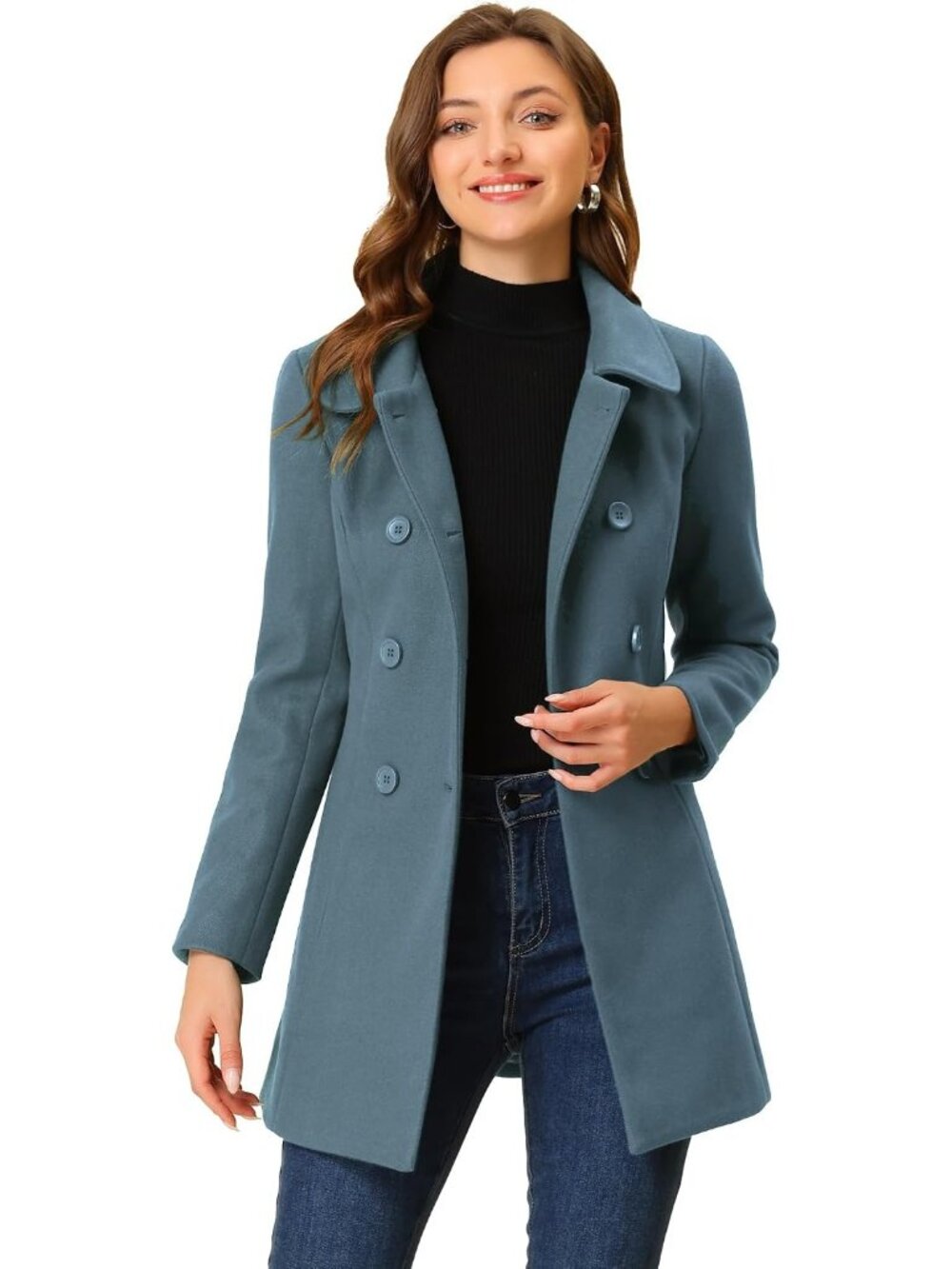 Women's Grey Blue Fully lined Peter Pan Collar Double Breasted Trench Pea Coat